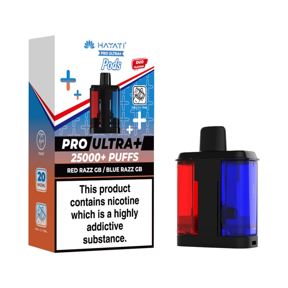 Hayati Pro Ultra Plus 25K Refill Pods Red Razz GB Blue Razz GB